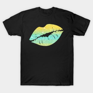 Bright Teal Yellow Ombre Faux Glitter Lips T-Shirt